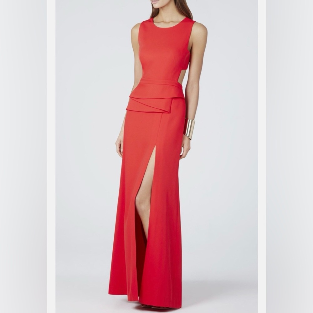BCBGMaxAzria Kiara BT Poppy Red Evening Gown, Size 6..Peplum, Slit, Cut-out - Picture 1 of 11